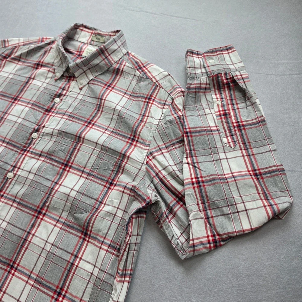 J. Crew Secret Wash Slim Fit Plaid Button Down Shirt Mens XL Grey Red Stretch